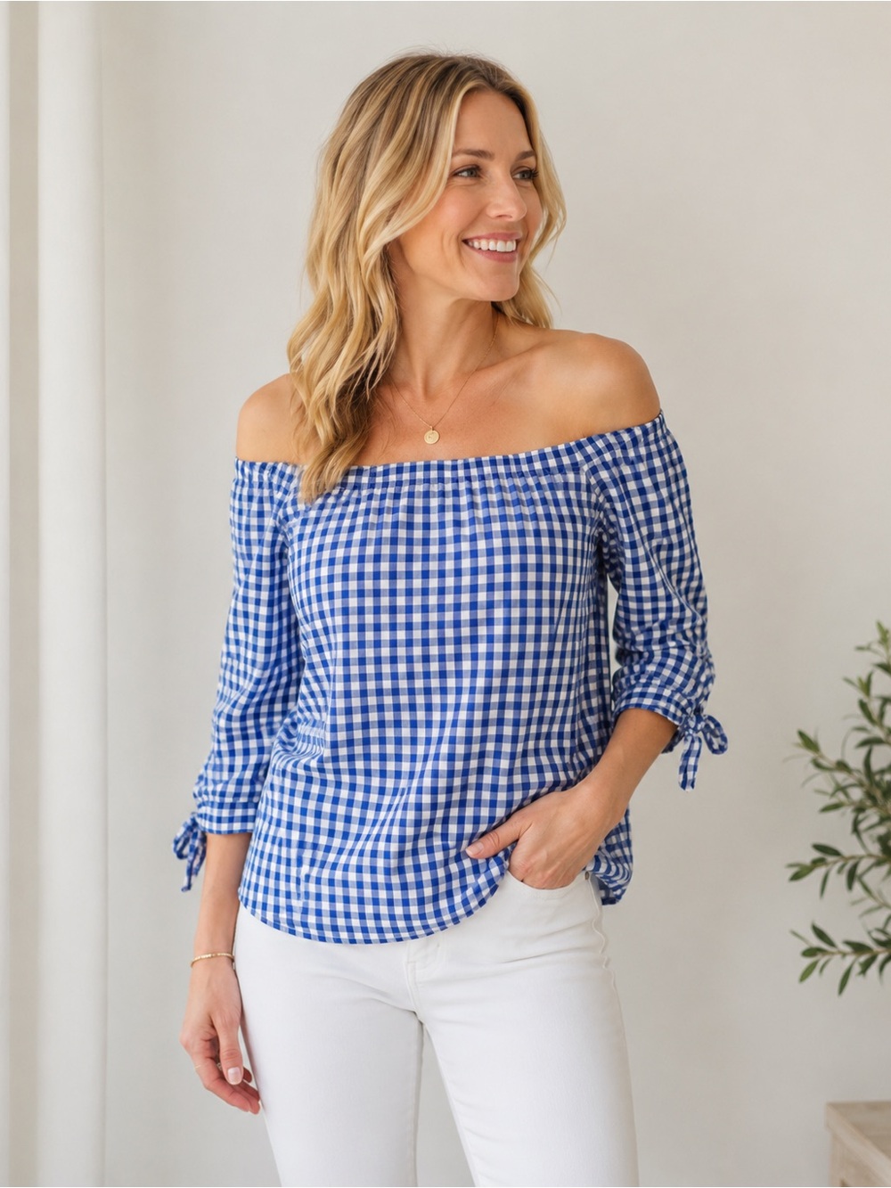 3/4 sleeve blue gingham checked top